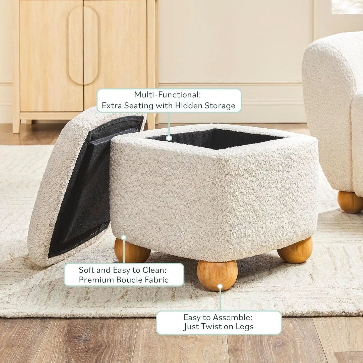Ivory Luxurious Storage Bouclé Ottoman Wooden Legs from PriceLows™