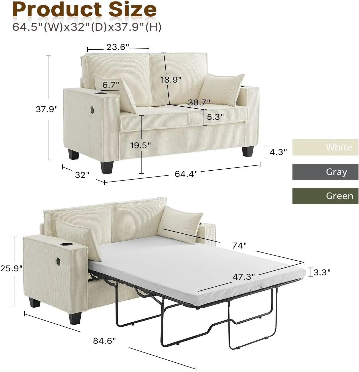 Beige 65-Inch Sleeper Sofa Bed, 2-in-1 Convertible from PriceLows™