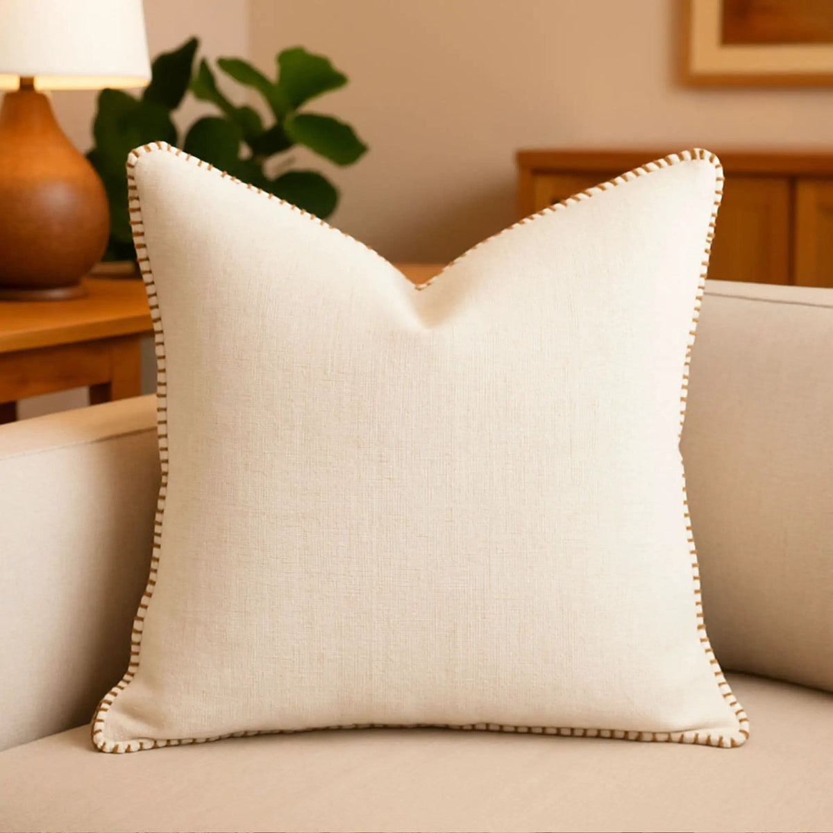 Homey Cozy Throw Pillow With Decorative Stitching | Throw Pillow | Linen & Polyester | Ivory