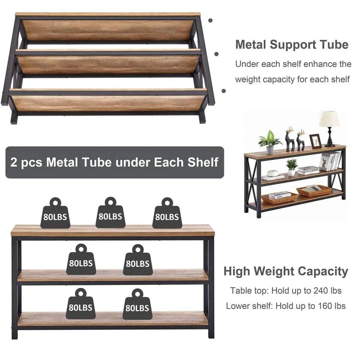 Rustic Wood Console Table With Three Shelves Metal Frame from PriceLows™