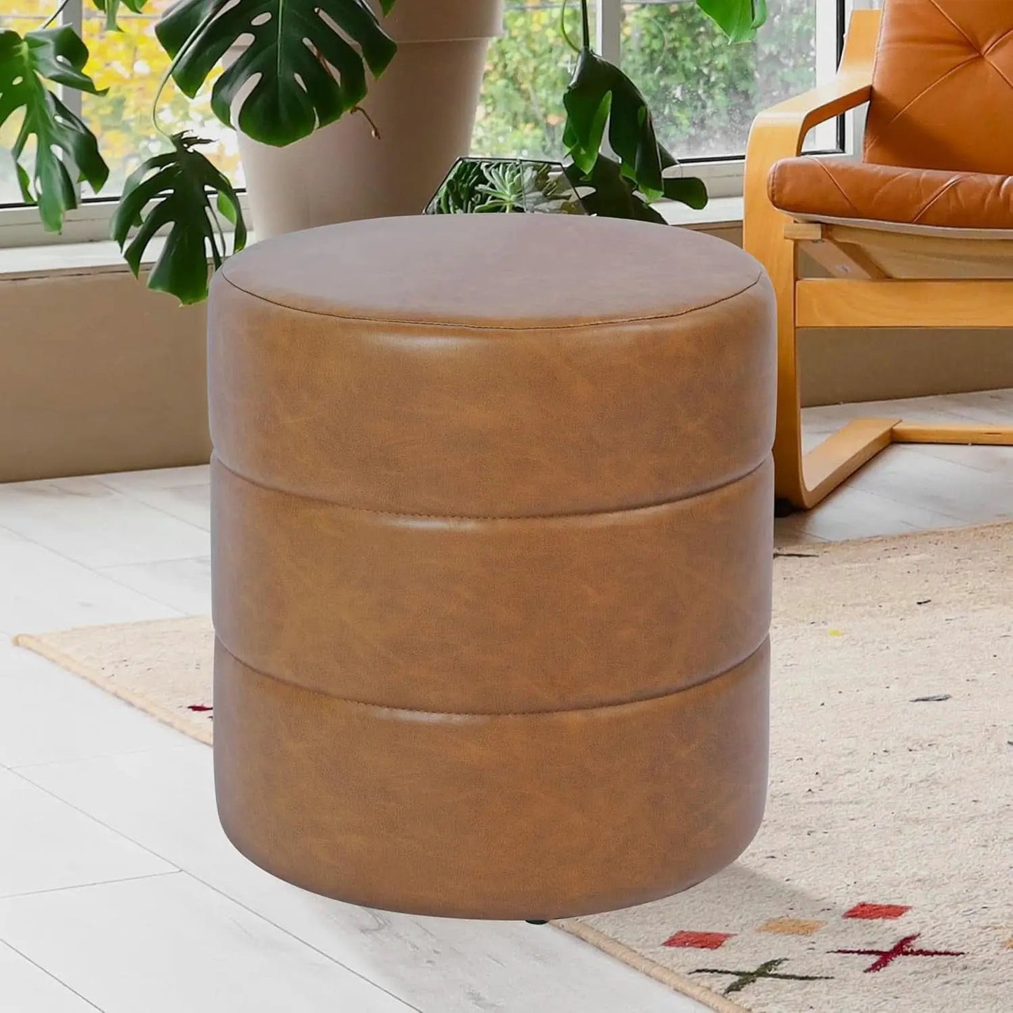 Round Upholstered Faux Leather Ottoman Footrest Camel from PriceLows™
