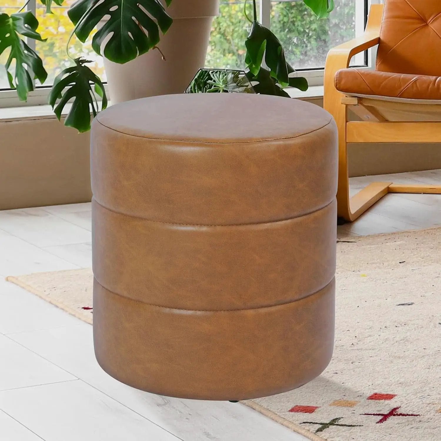 Round Upholstered Faux Leather Ottoman Footrest Camel from PriceLows™