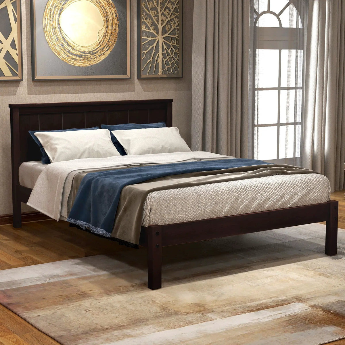 Platform Bed Frame With Headboard | Espresso Finish | Durable Pine Wood