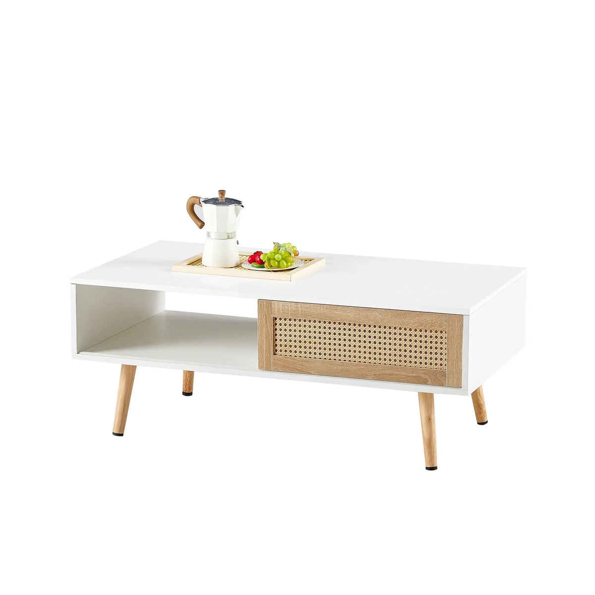 Rattan Coffee Table | 41.34 Inch Width | Sliding Storage Door | Solid Wood Legs