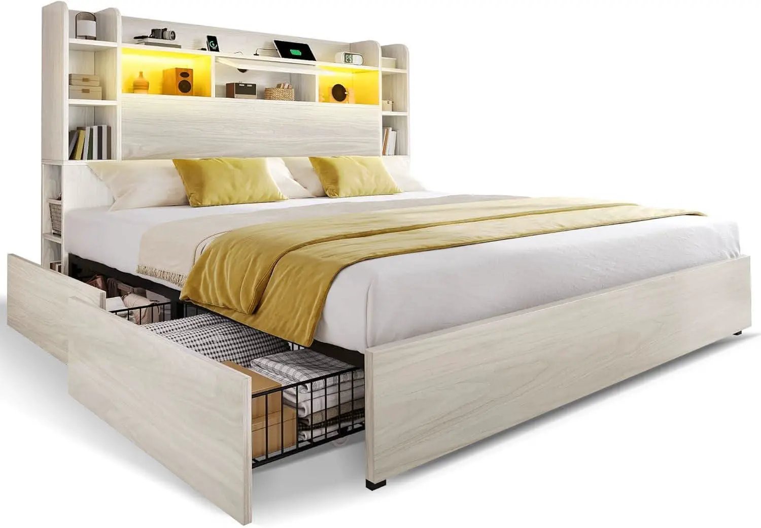 King Size Bed Frame Antique White With Bookcase Headboard from PriceLows™