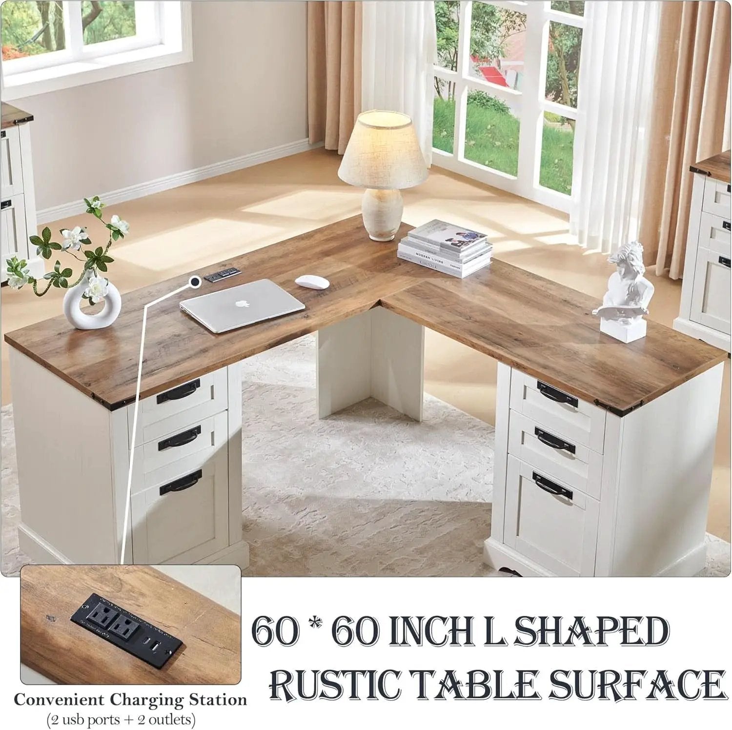 60 Inch Farmhouse L Shaped Desk Antique White With Drawers from PriceLows™