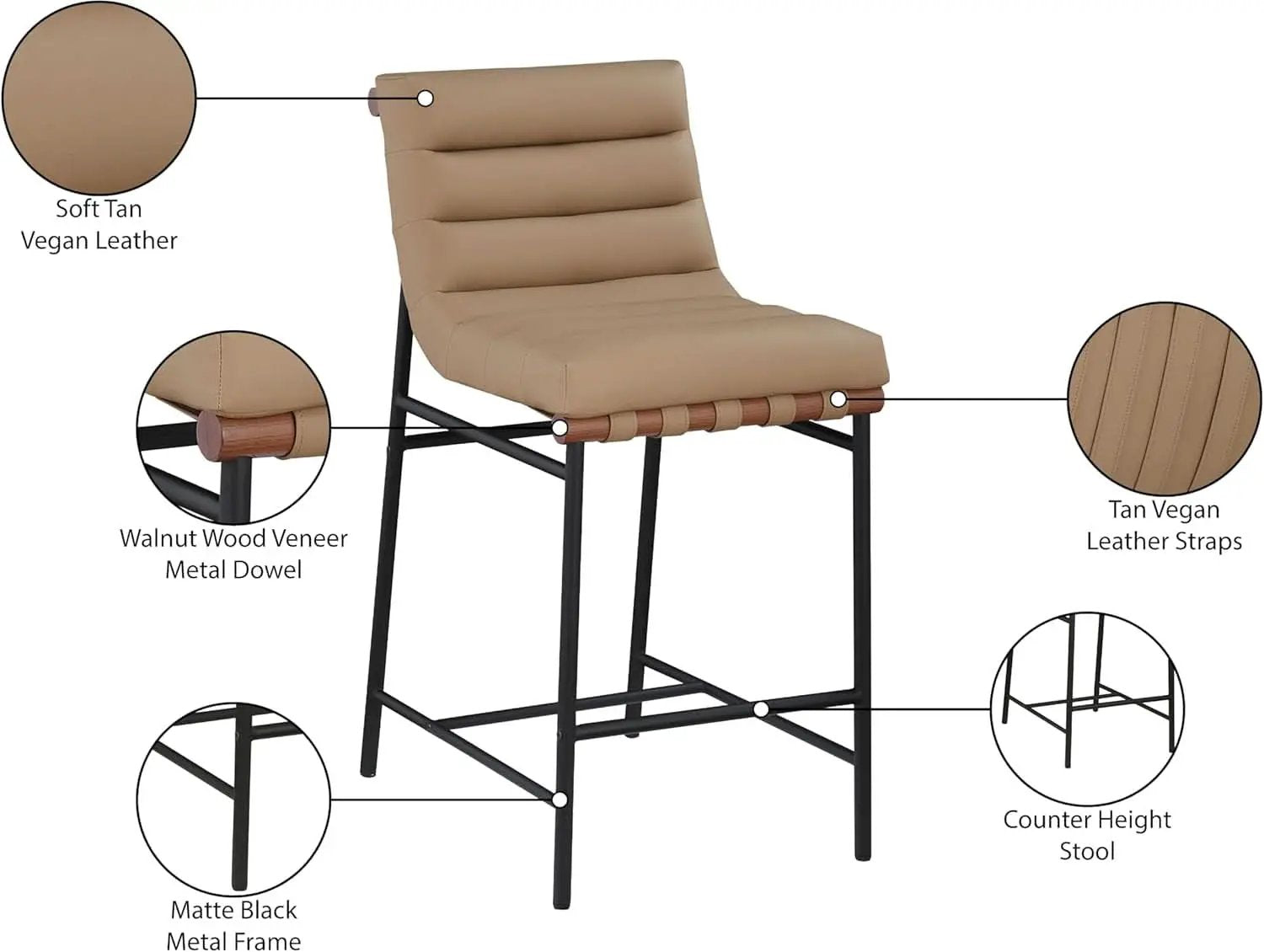 Burke Counter Stool Tan Vegan Leather Matte Black Frame from PriceLows™