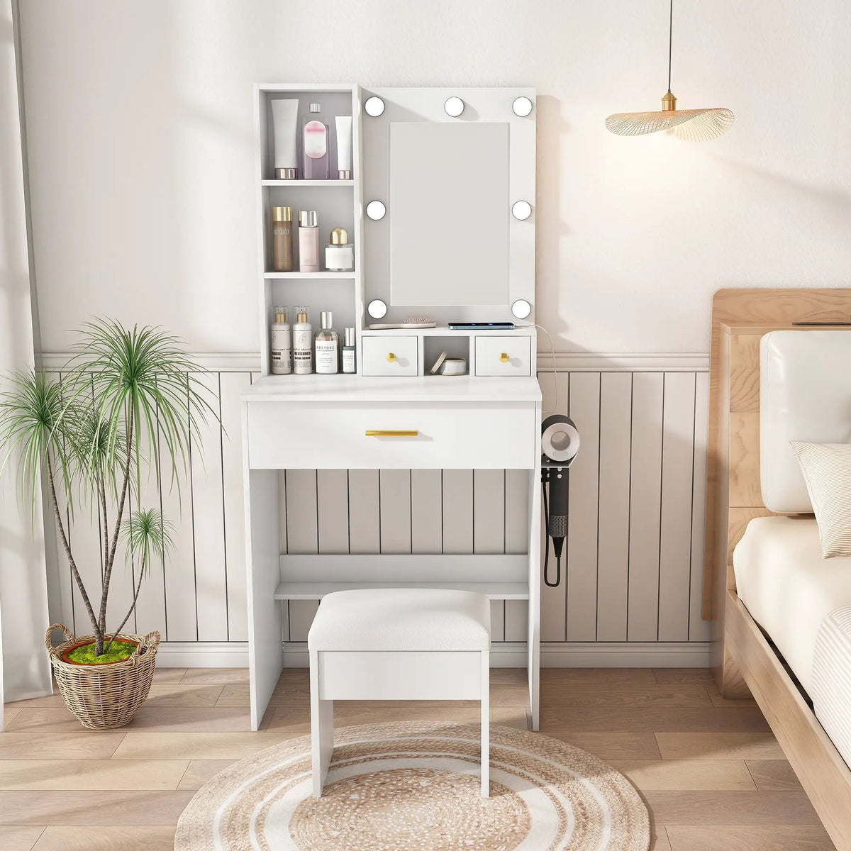 Vanity Table | LED Mirror | Power Outlet | Includes Stool