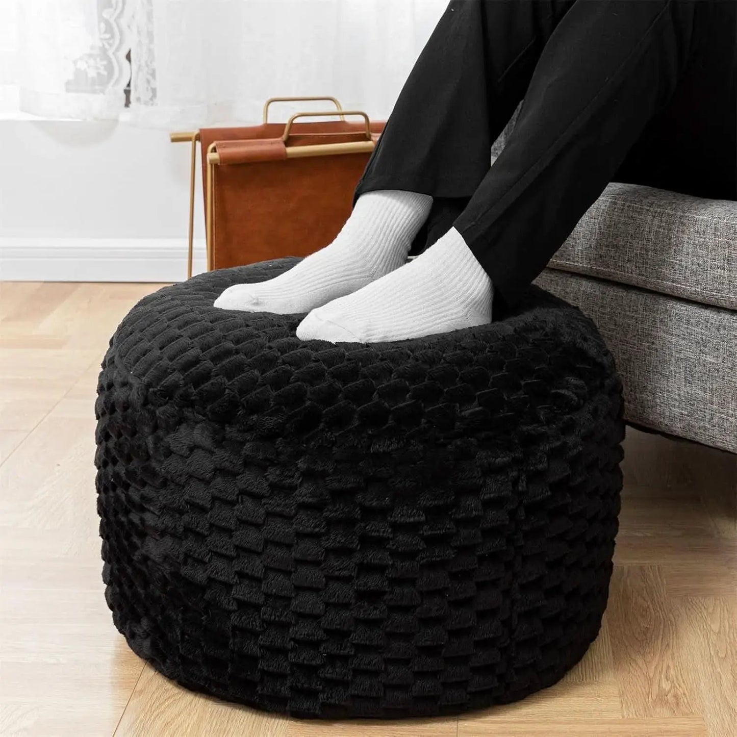 Round Plush Pouf Ottoman 20x12 Inches Black Upholstered from PriceLows™