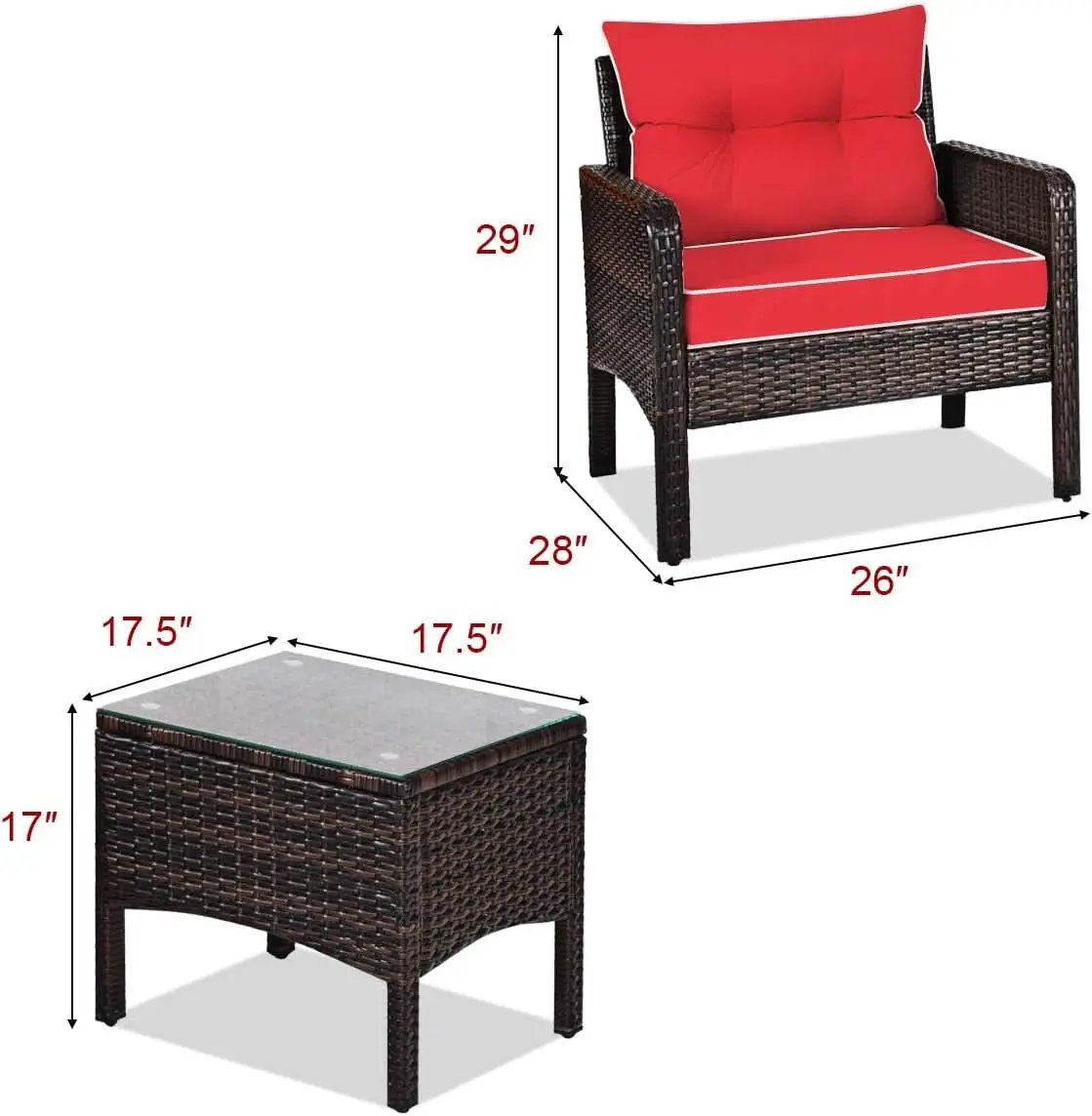 Red 3 Piece Outdoor Patio Furniture Set With Wicker Chairs And Glass Top Coffee Table from PriceLows™