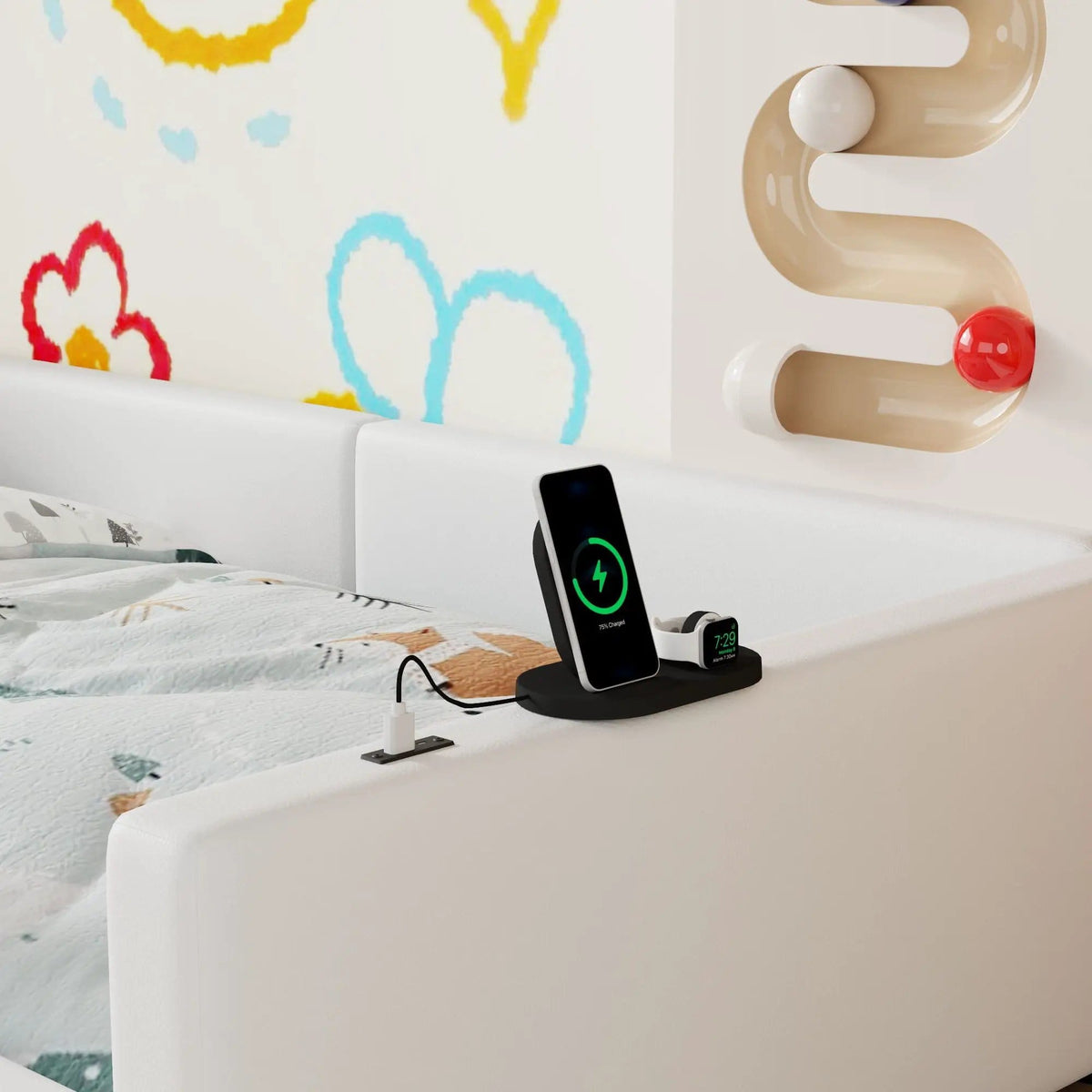Platform Bed With Guardrail And Charging Station | 2 Pieces | Pine Wood | Bedroom