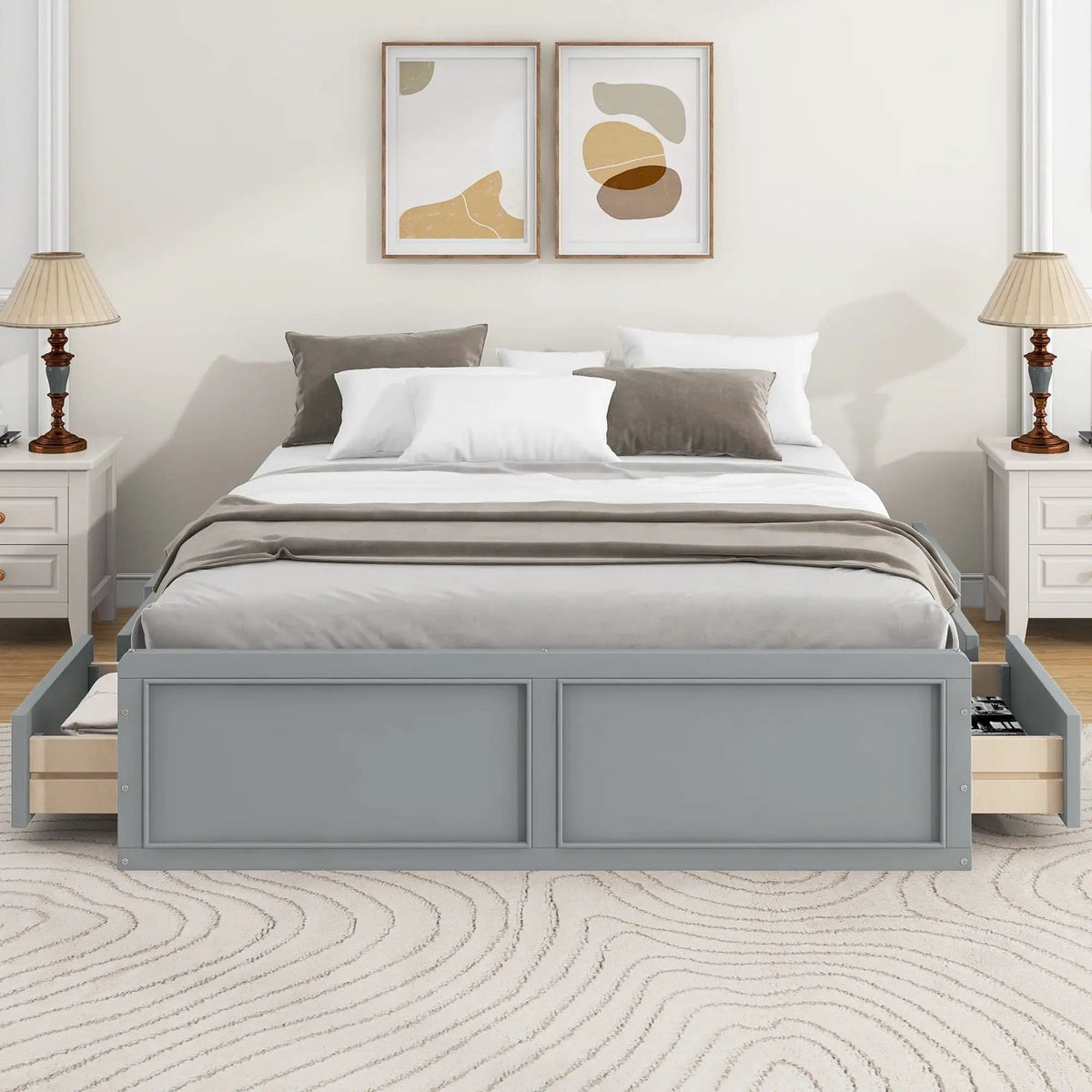 Queen Size Platform Bed Frame With 6 Drawers - | 81.7 x 62.2 x 17.7 in | Pine Wood & Mdf | Gray