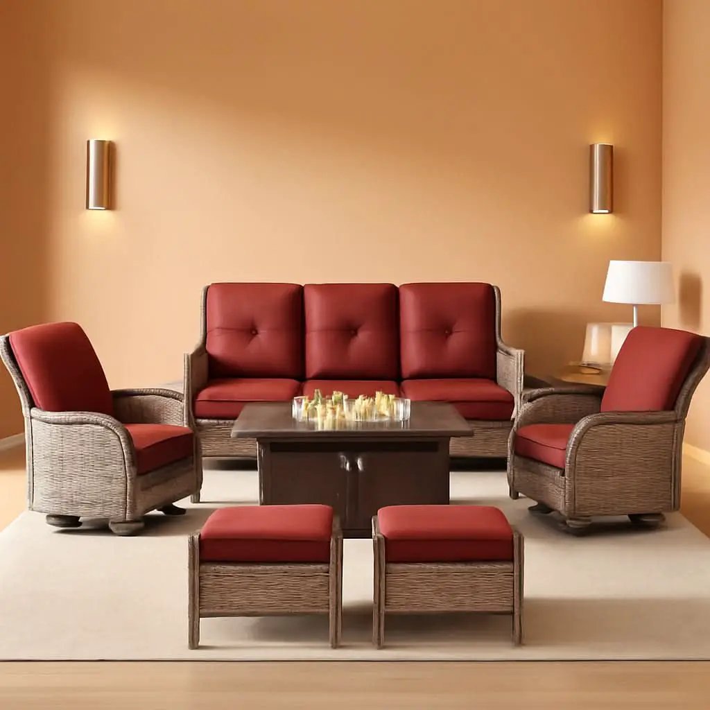 Patio Furniture Set With 50000 BTU Fire Pit Table Red Cushions from PriceLows™