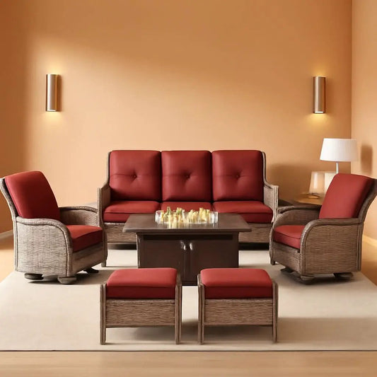 Patio Furniture Set With 50000 BTU Fire Pit Table Red Cushions from PriceLows™