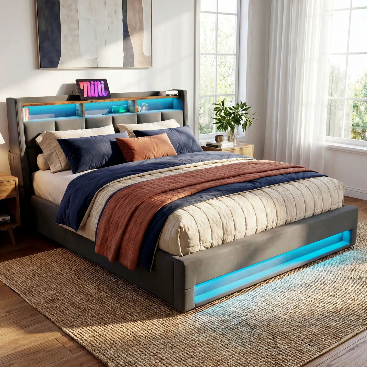 Upholstered Platform Bed | Hydraulic Storage System | LED Lighting | USB Charging Port