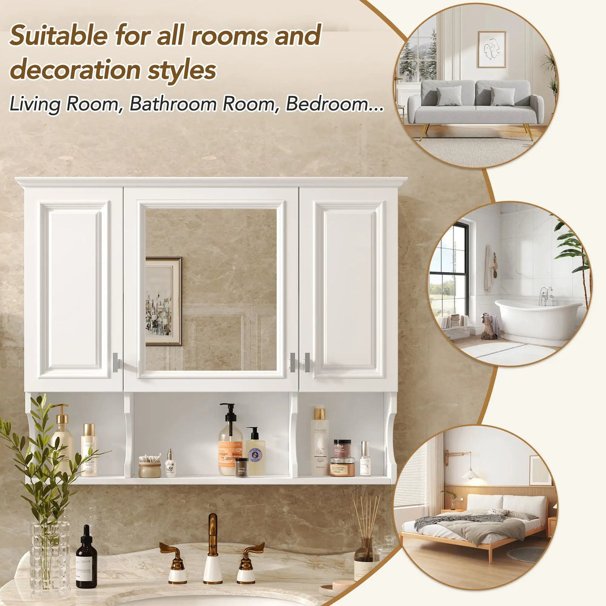 Wall Mounted Medicine Cabinet | Mirror | Open Shelves | 35 Inch Width
