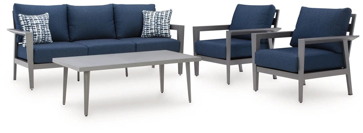 Gali Sofa / Chairs / Table Set (Set of 4) | 78.25 x 33.25 x 36.25 in | Polyester & Fabric | Gray / Blue