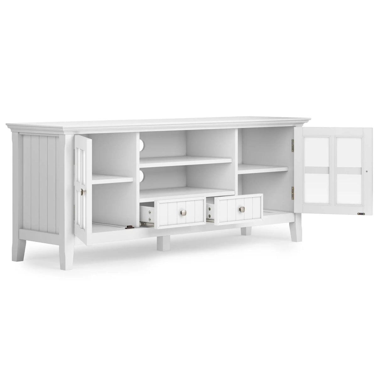 Acadian TV Media Stand | Handcrafted Solid Wood | 2 Bottom Drawers | Tempered Glass Side Cabinets