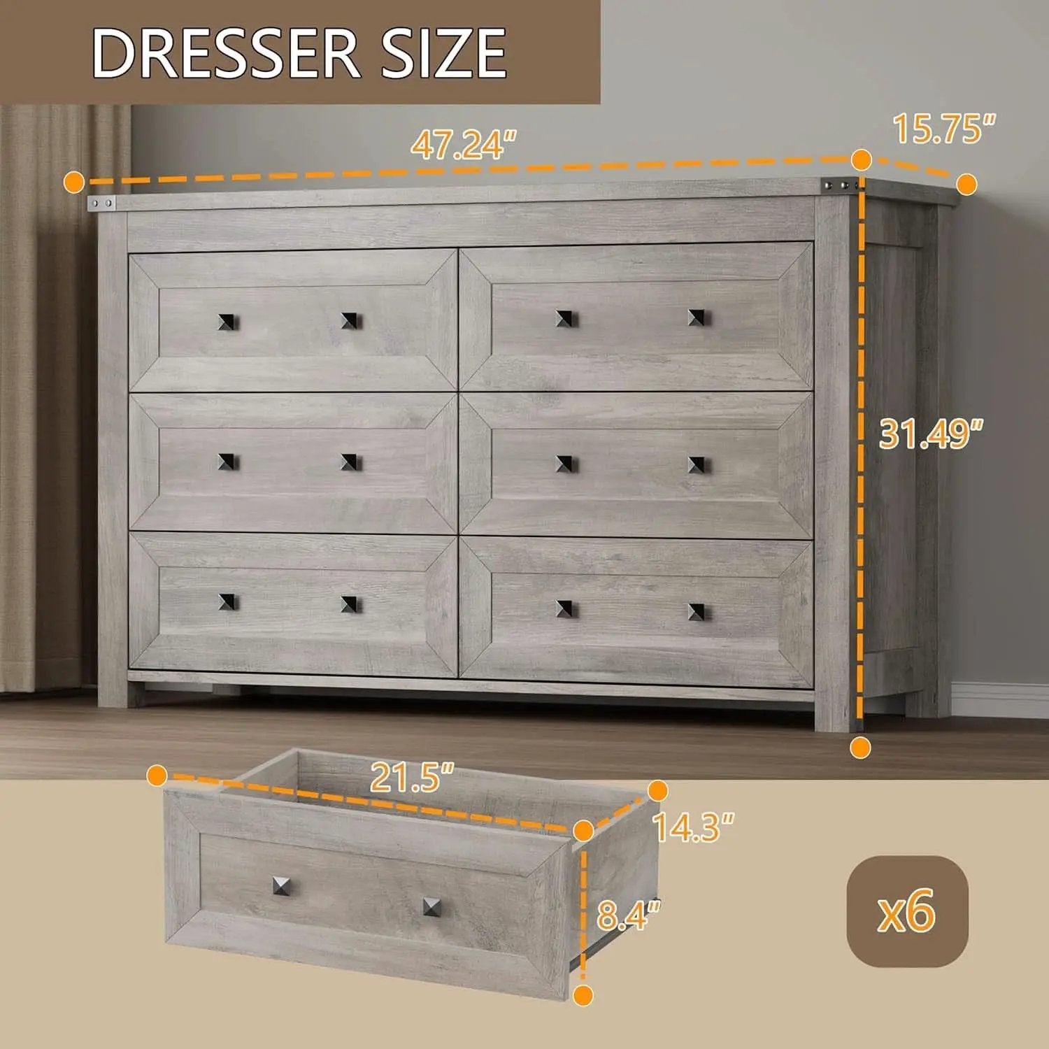 Six Drawer Dresser With Metal Handles Storage Unit from PriceLows™