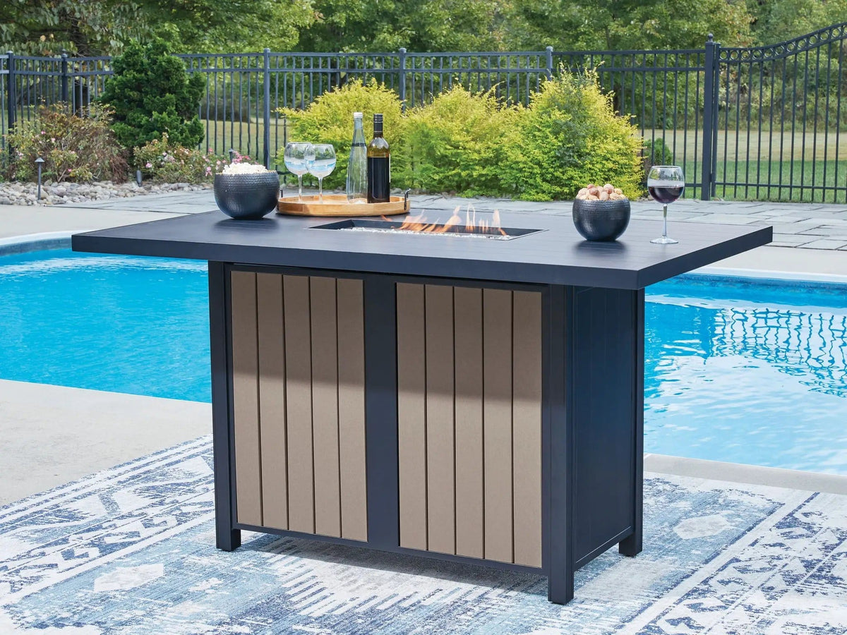 East Beach Rectangular Bar Table With Fire Pit | 70 x 42 x 39 in | Glass & Stainless Steel | Blue