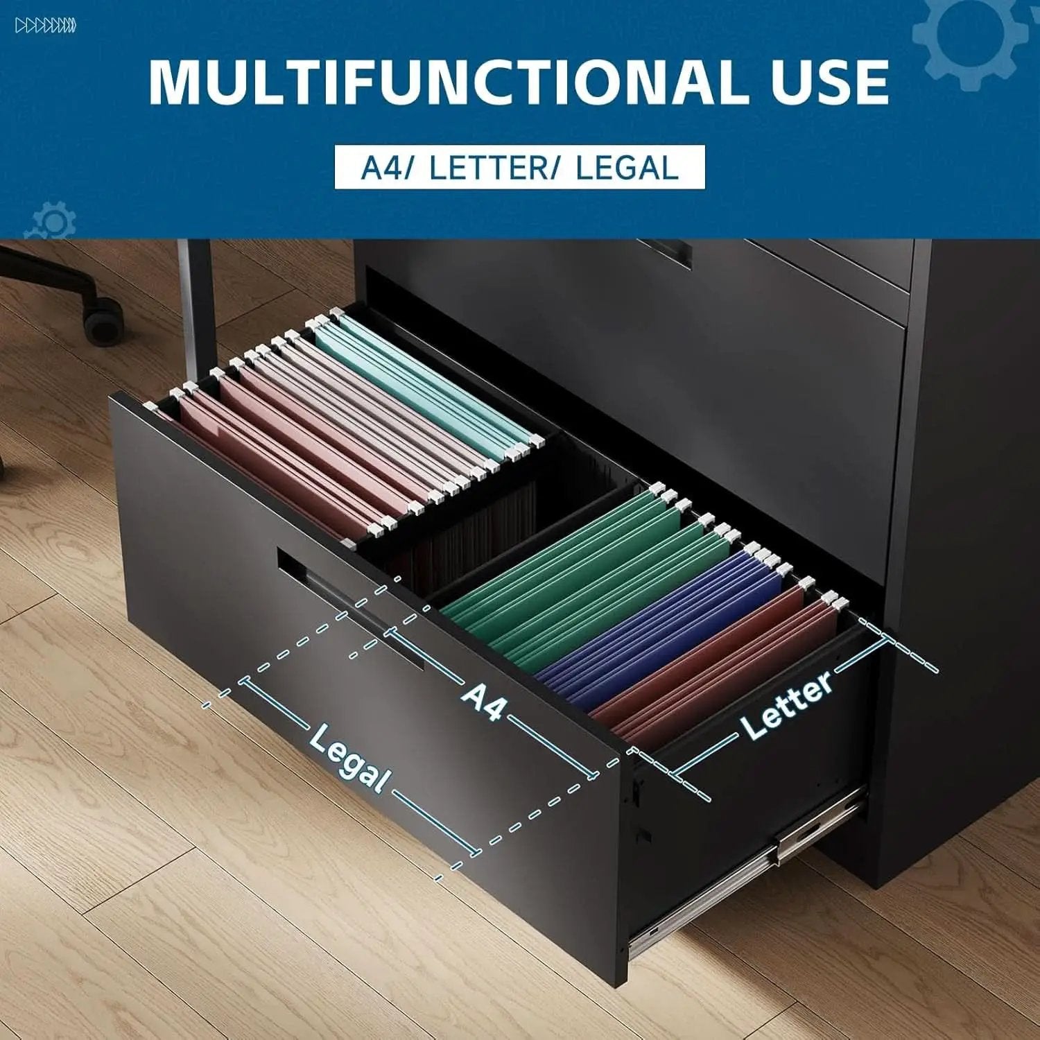 Three Drawer Metal File Cabinet Locking With Storage Shelves Black For Legal Letter A4 Documents from PriceLows™