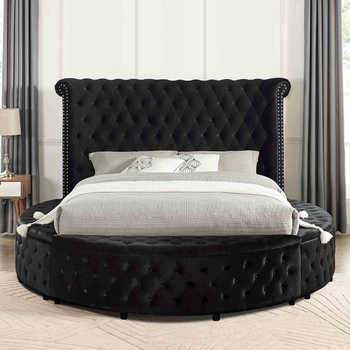 Glam Round Bed | Button Tufted Wingback Headboard | Storage | USB Ports