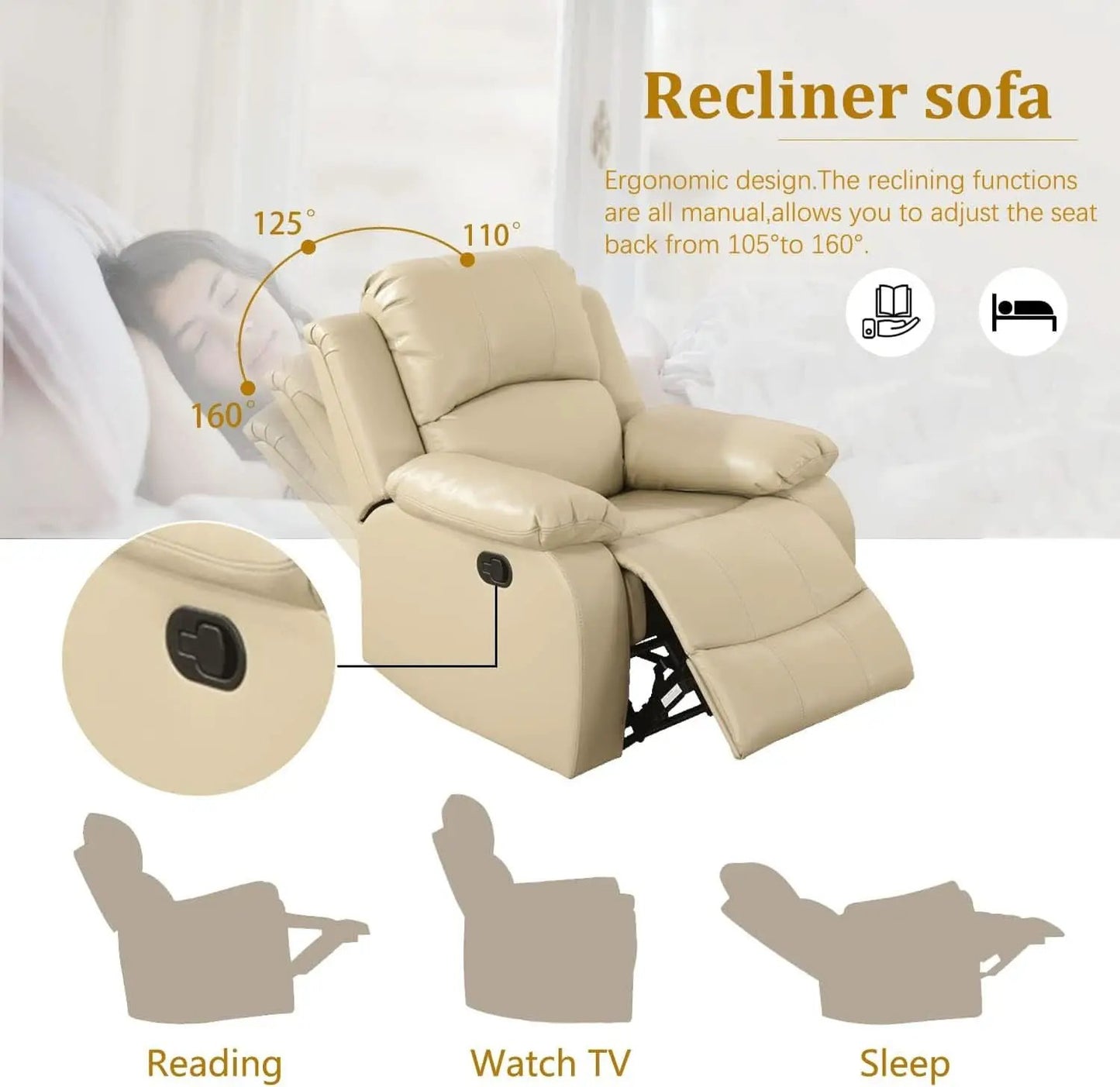 Beige Manual Leather 3 Piece Recliner Sofa Set For Living Room from PriceLows™