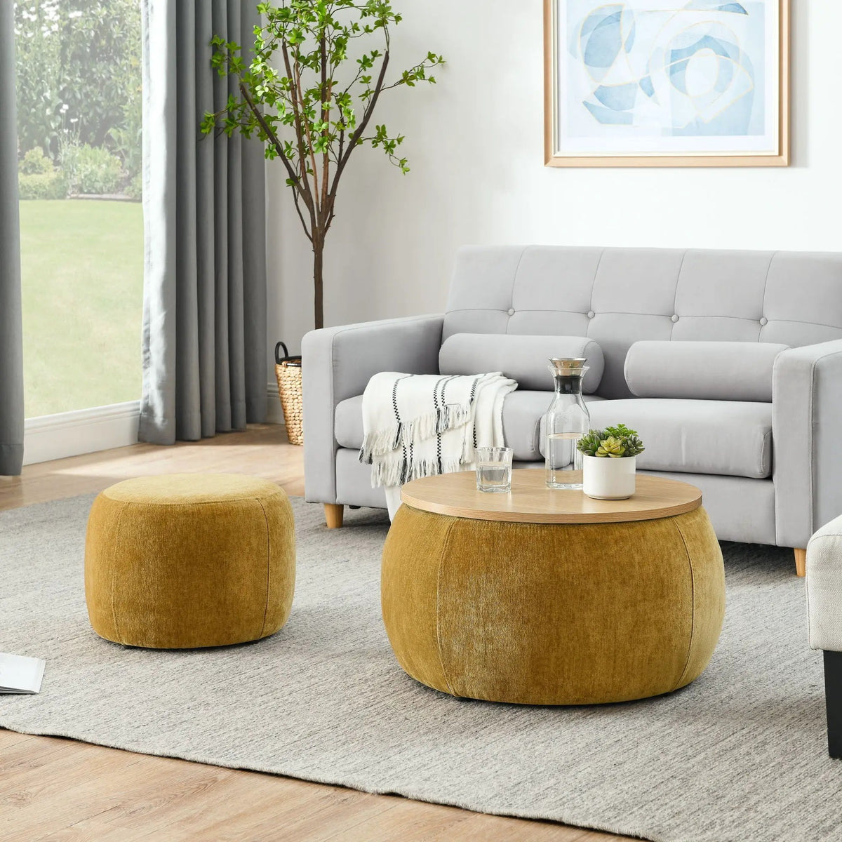 Round Storage Ottoman | Pleated Fabric | Removable Lid