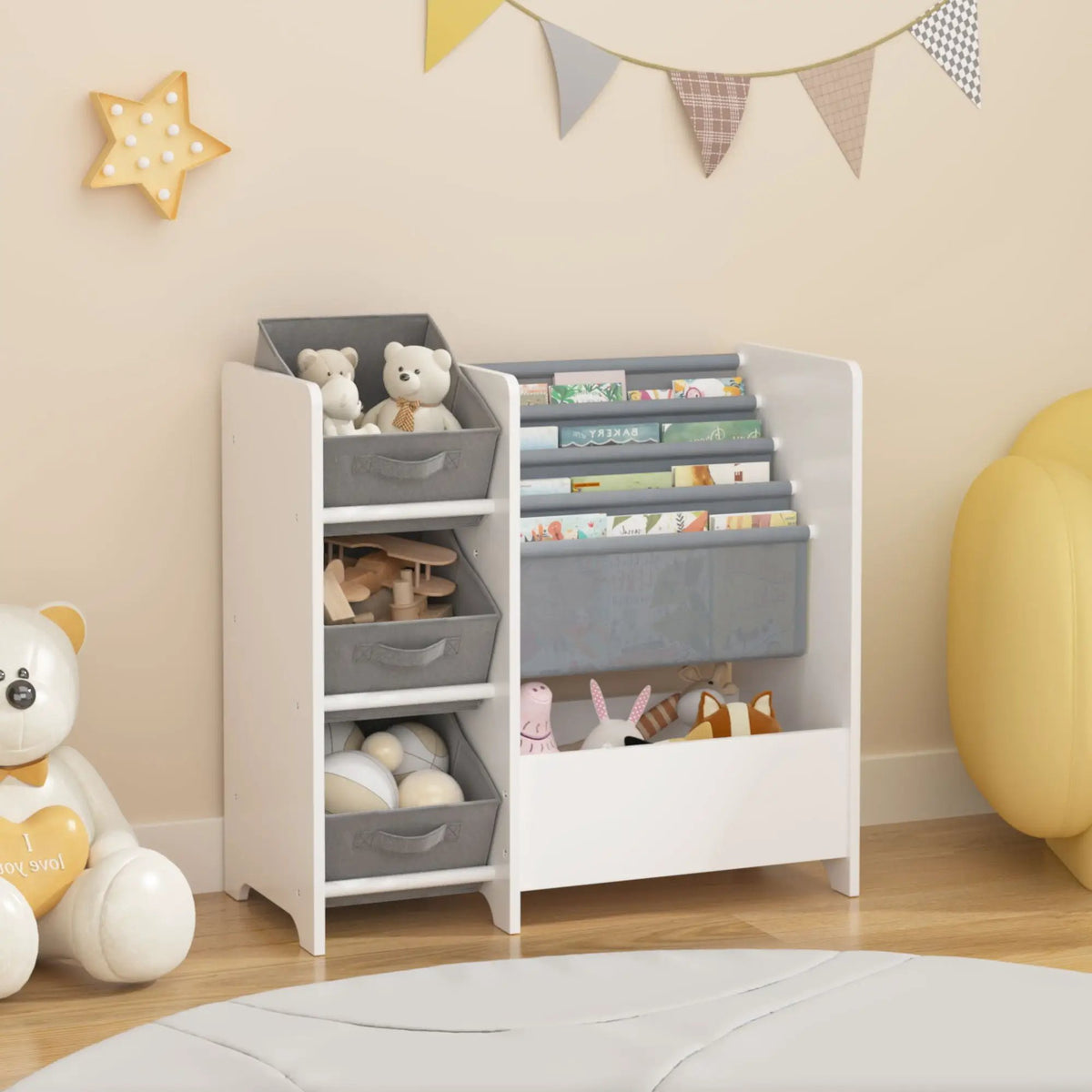 4 Tier Bookshelf | 3 Collapsible Fabric Drawers | White