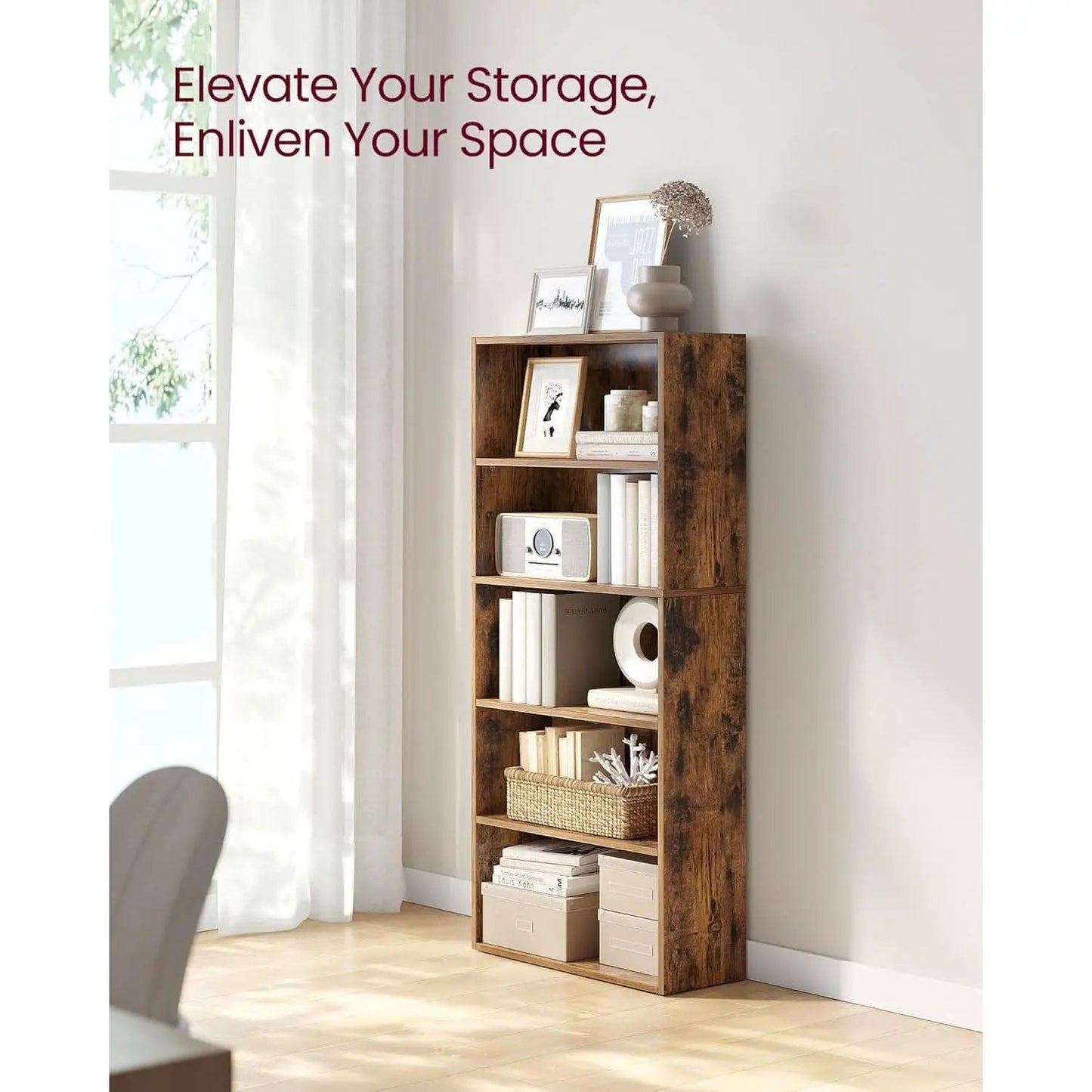 Rustic Brown Bookshelf Five Tier Adjustable Shelves from PriceLows™