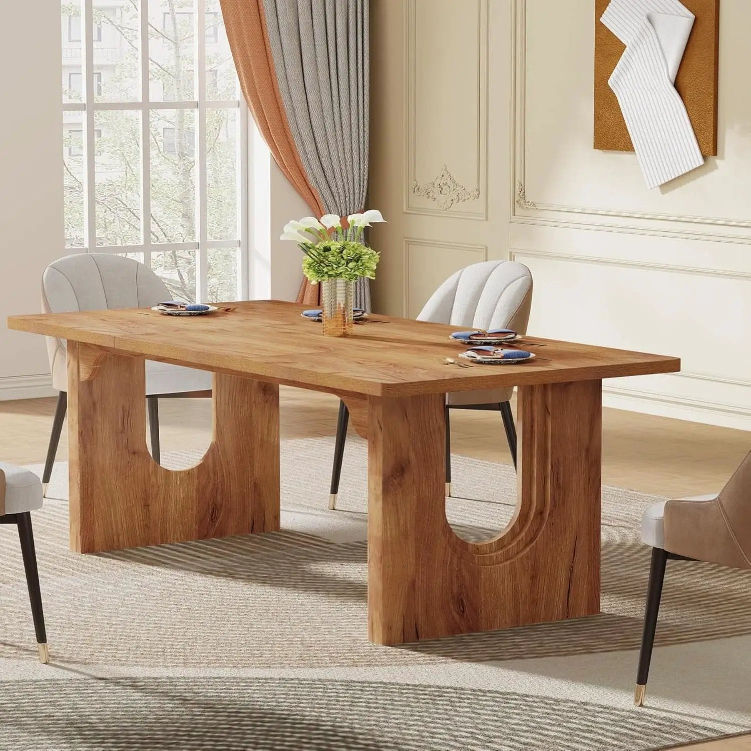 Dining Table 71 Inch Rustic Brown With Wood Pedestal from PriceLows™