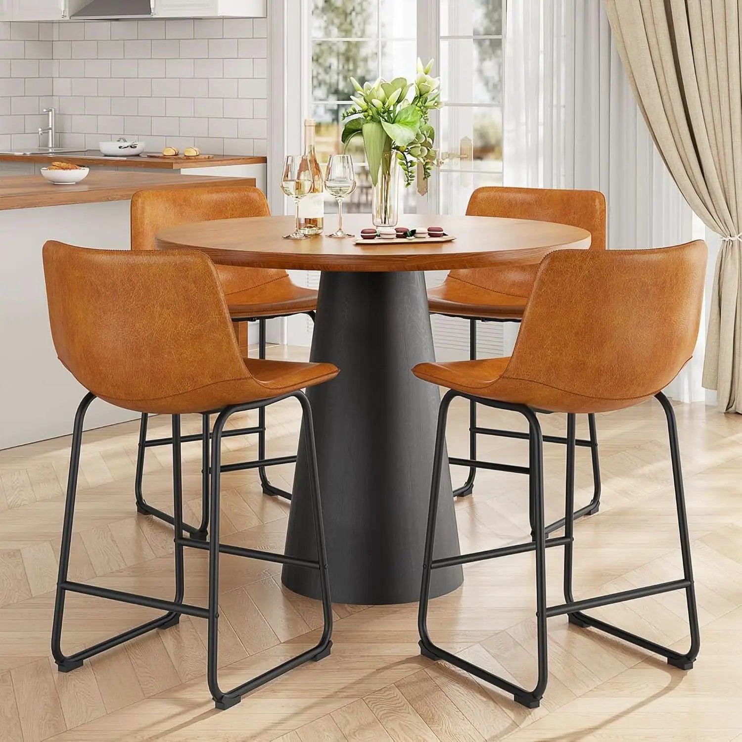 Bar Stools Set Of 4 26 Inch Brown PU Leather Counter Height from PriceLows™