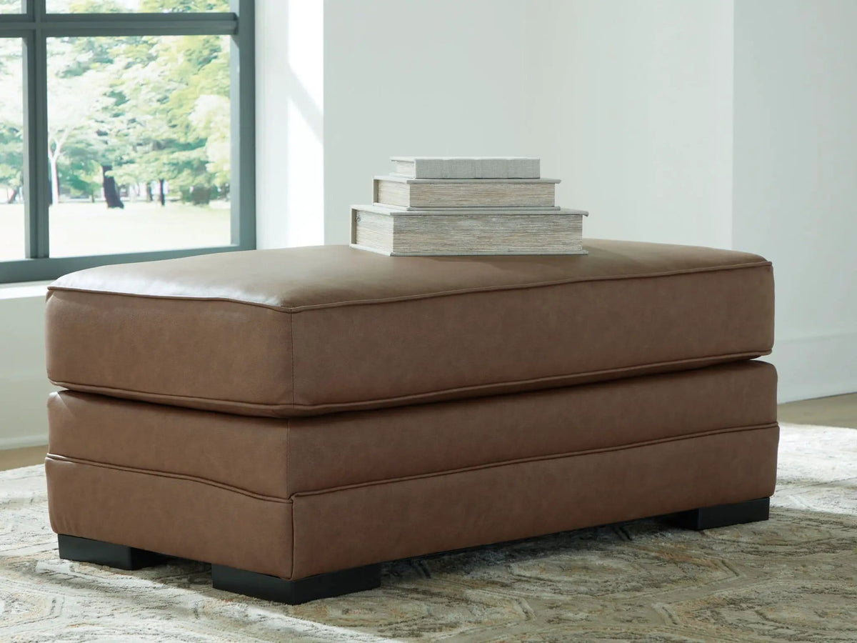 VillaCourt Ottoman | 44 x 24 x 19 in | Faux Leather & Wood | Caramel