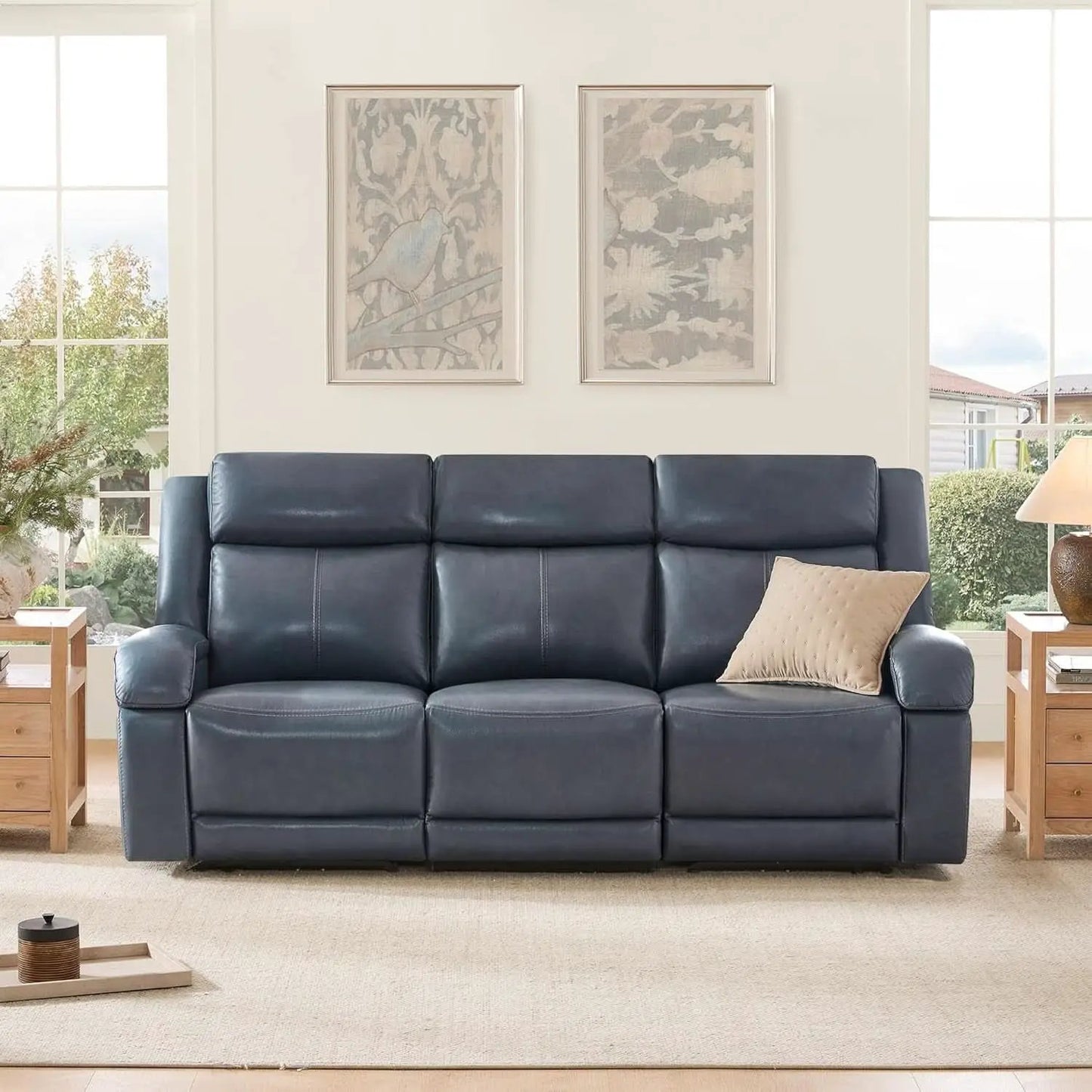 Navy Genuine Leather Power Recliner Sofa With USB Type C from PriceLows™