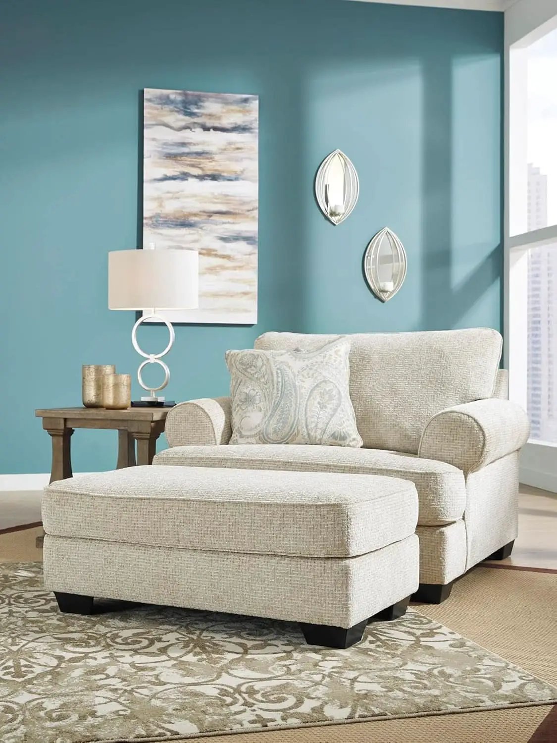 Beige Chenille Upholstered Ottoman With Cushioned Comfort from PriceLows™