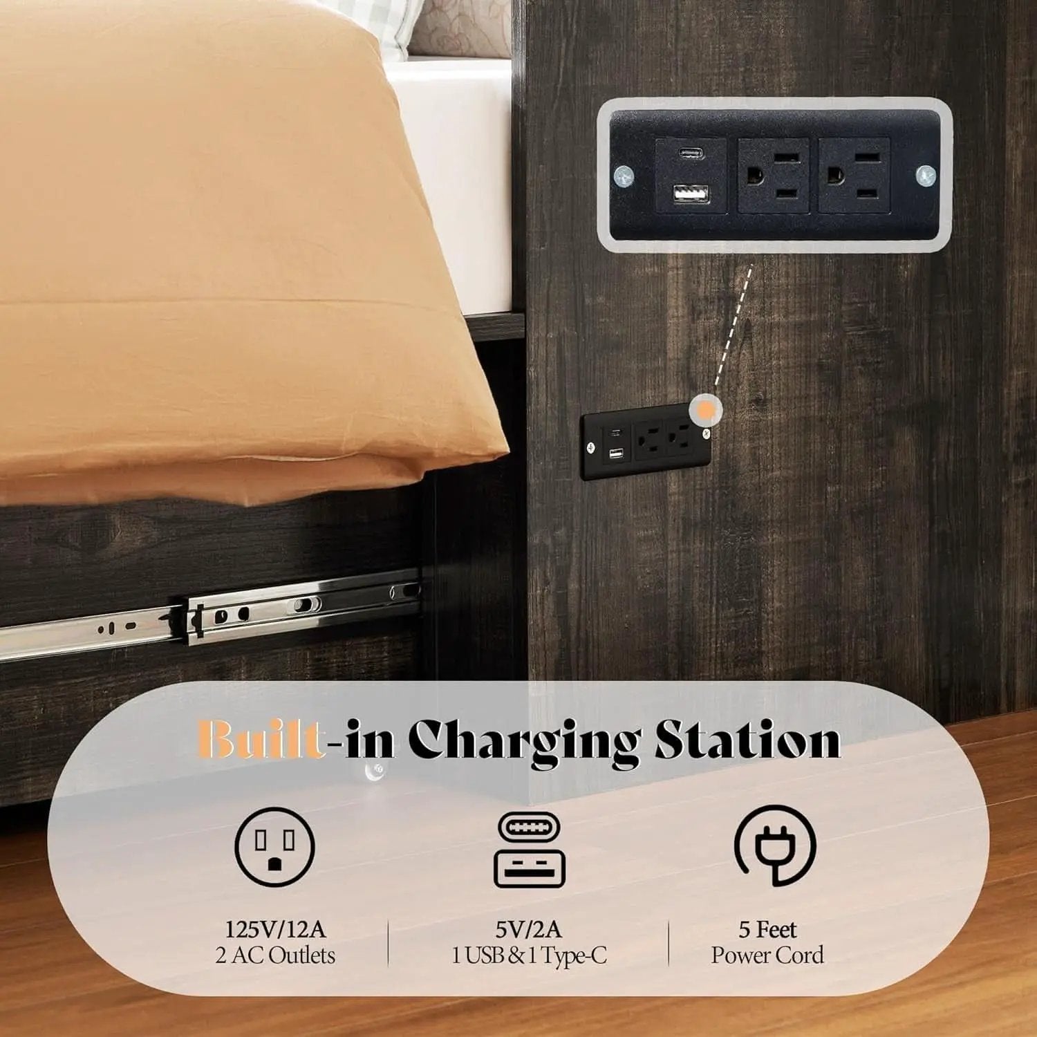 Black Oak Murphy Bed Cabinet With USB Charging Station Queen Size from PriceLows™