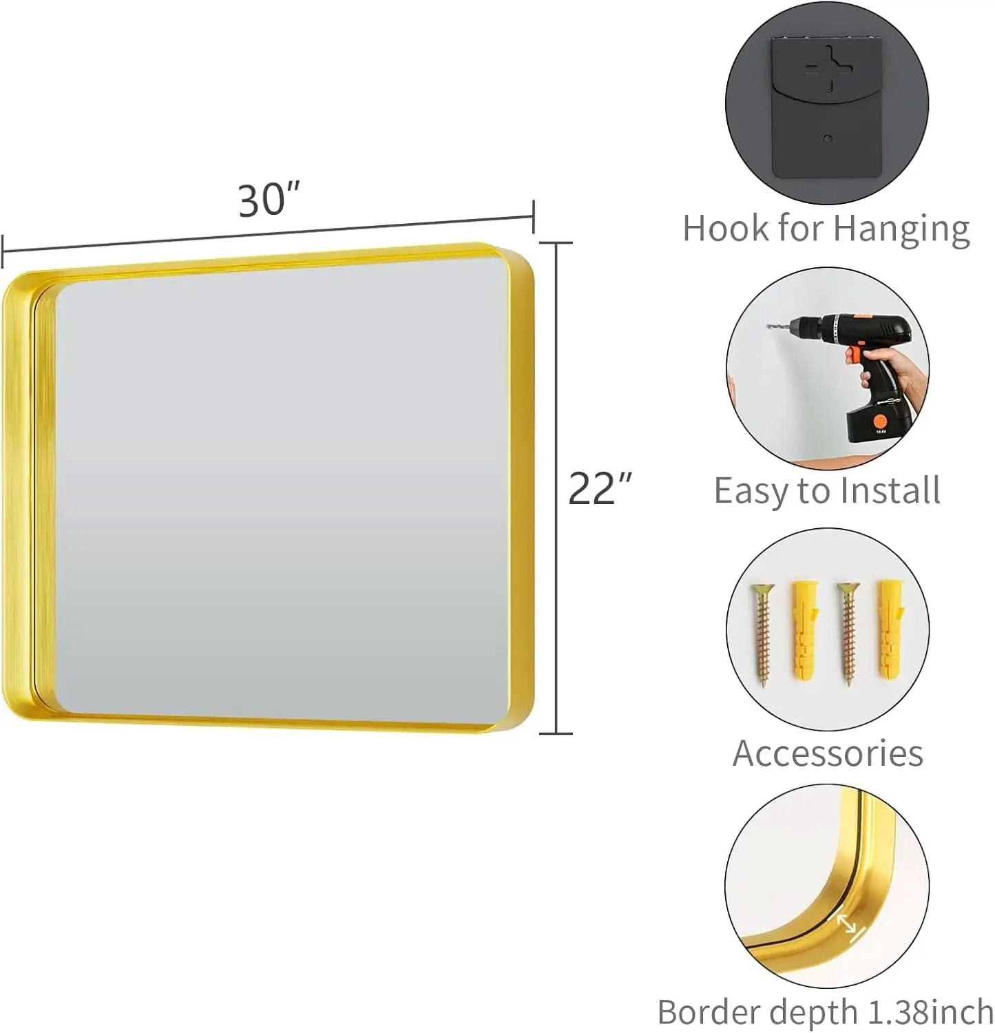 Bathroom Mirror 22x30 Inch Wall Mounted Gold Frame Tempered from PriceLows™