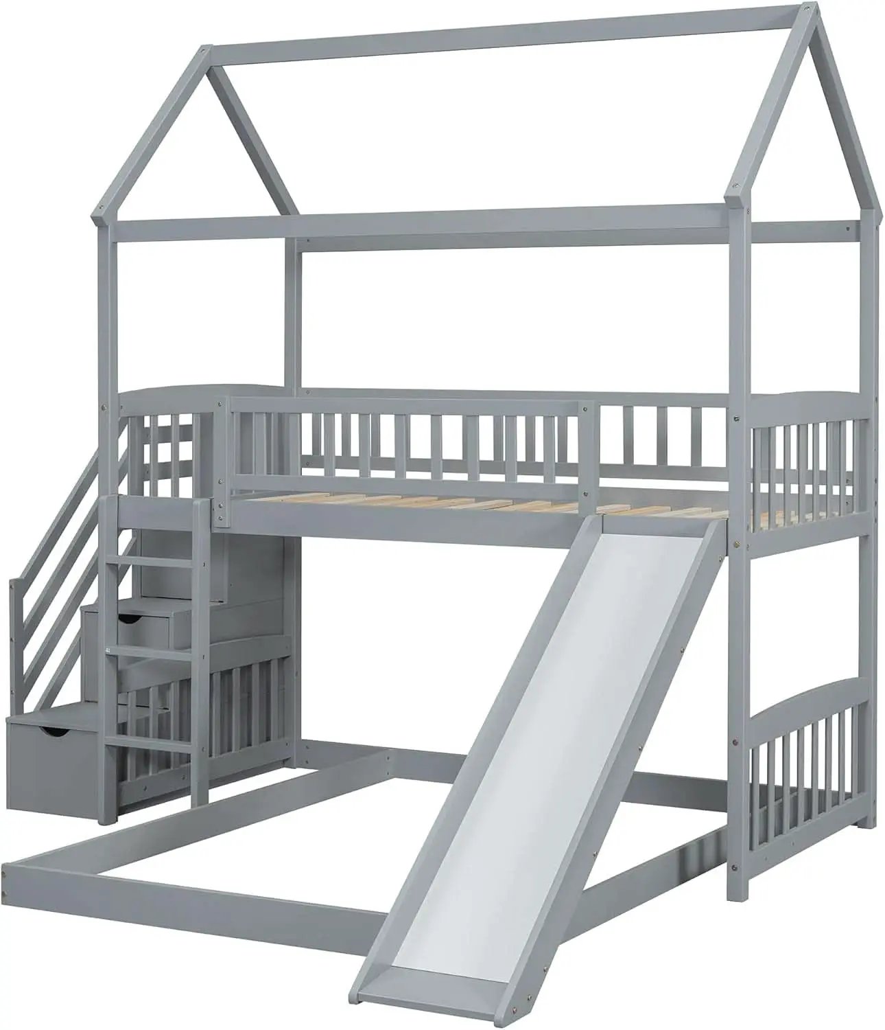 Gray Twin Loft Bunk Bed With Slide And Stairs Storage from PriceLows™