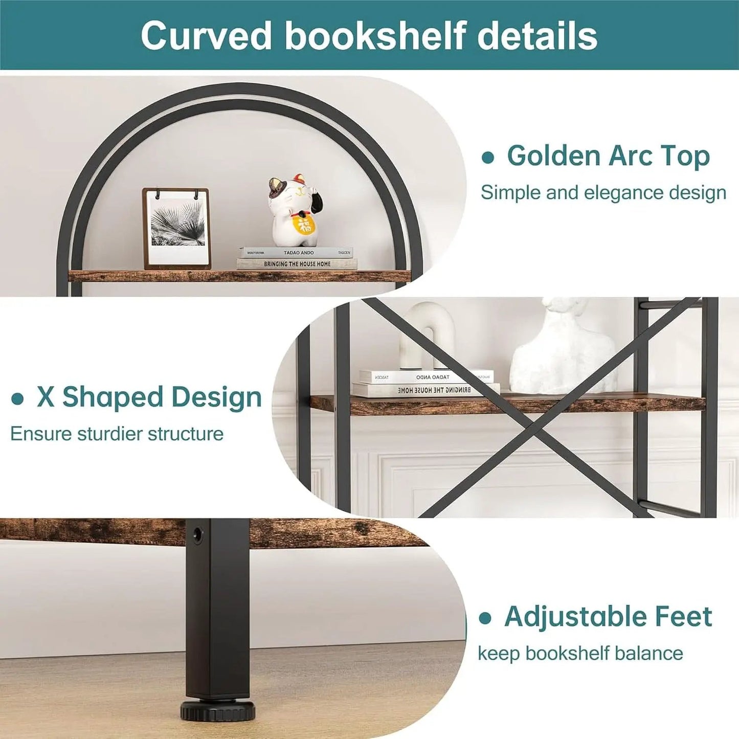 Arched Five Tier Bookshelf Rustic Brown Storage Unit from PriceLows™