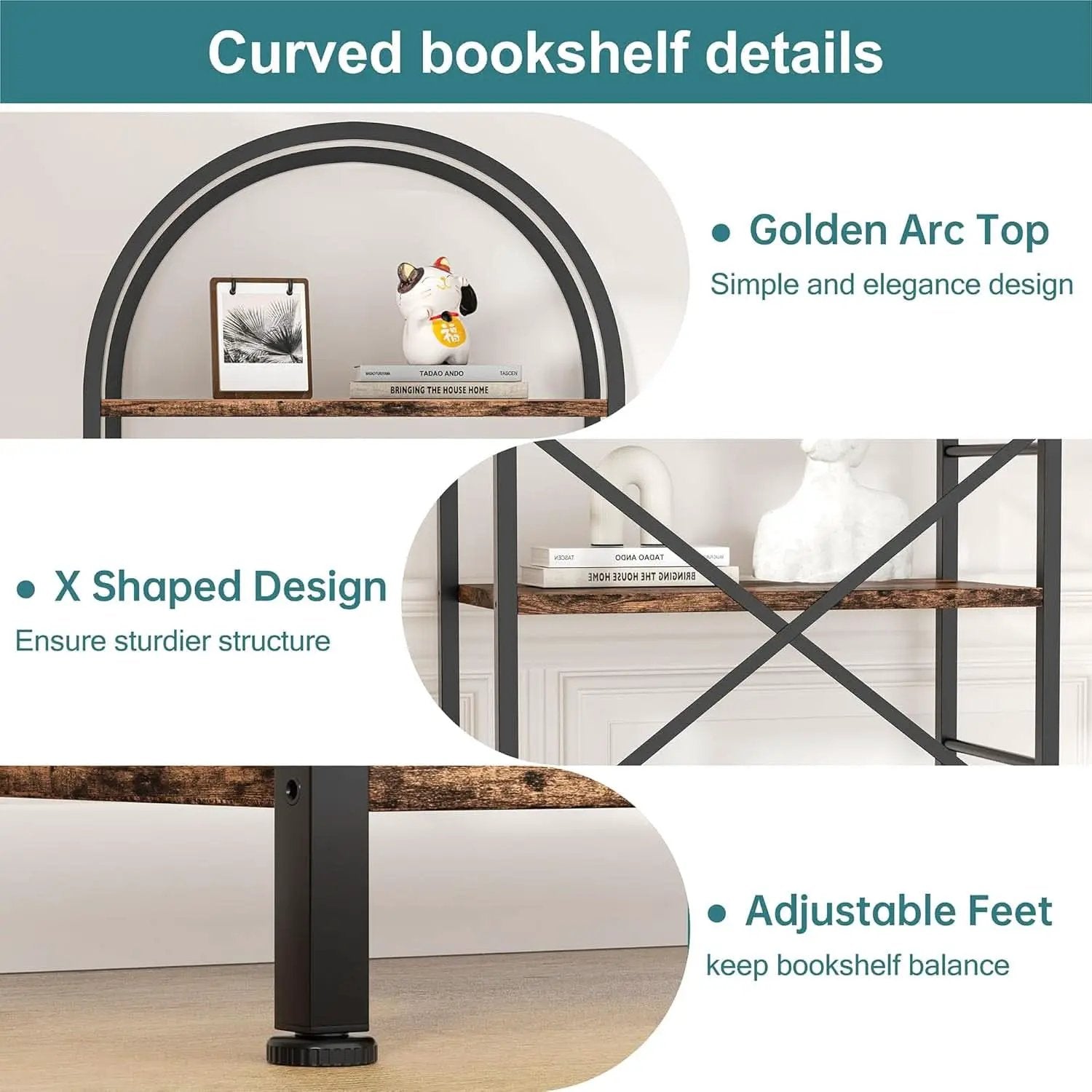 Arched Five Tier Bookshelf Rustic Brown Storage Unit from PriceLows™
