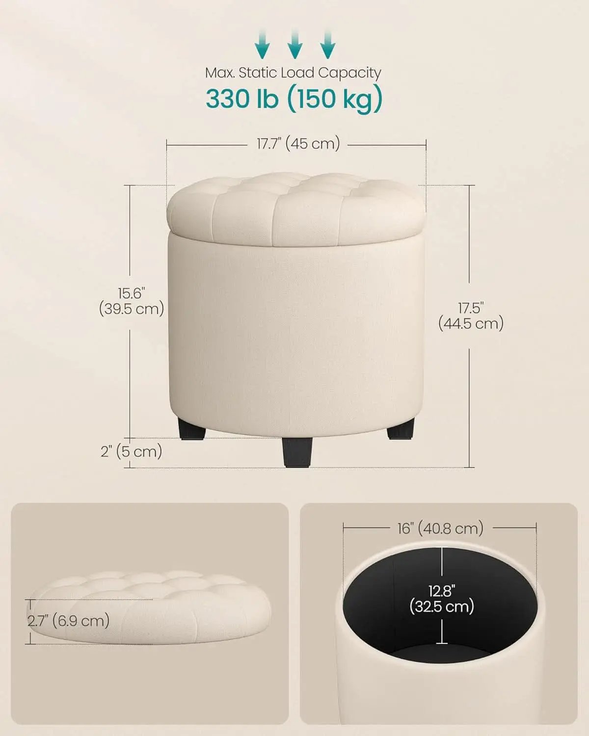 Round Ottoman With Durable Storage Linen-Look Beige from PriceLows™