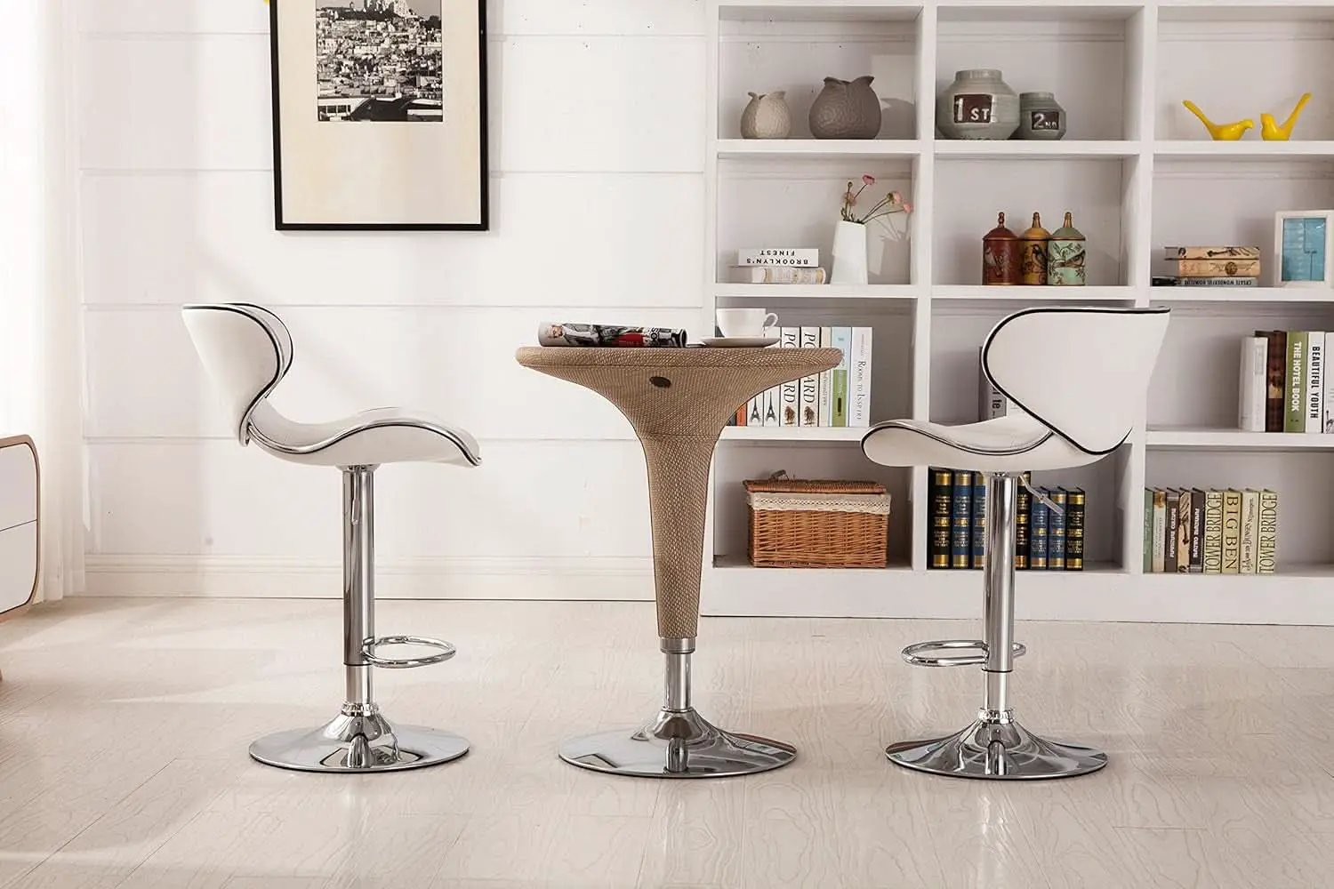 White Cushioned Leatherette Barstool Set Of 2 Adjustable Height Swivel from PriceLows™
