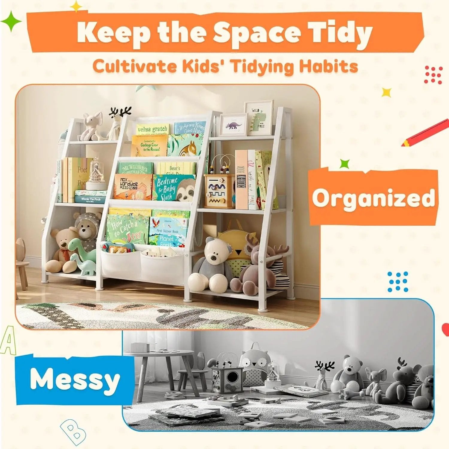 3 Tier Kids Bookshelf Toy Organizer In White Wood And Metal from PriceLows™