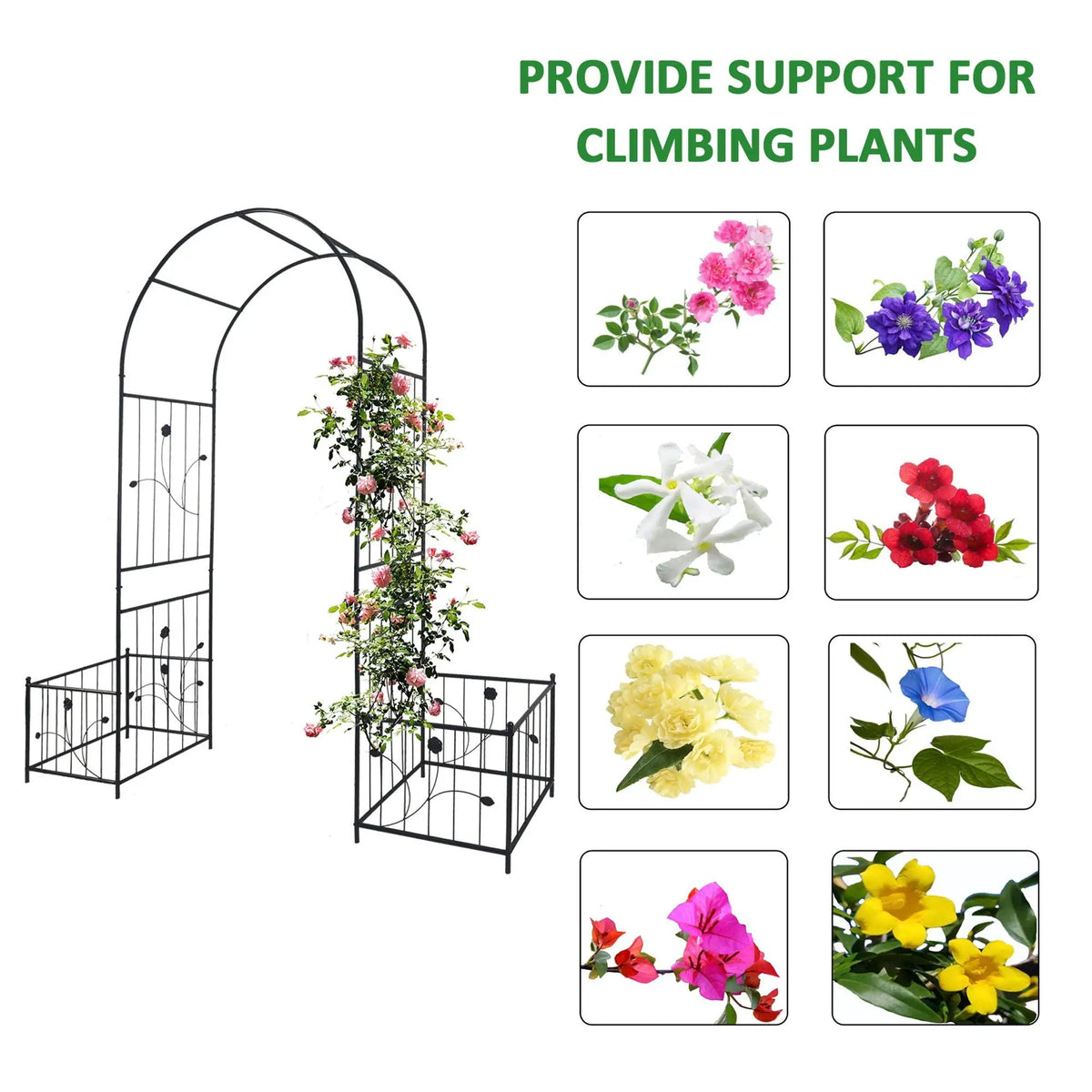 Metal Garden Arch With Plant Stands | Black | 79.5 Inch Width | Dual Planter Stands