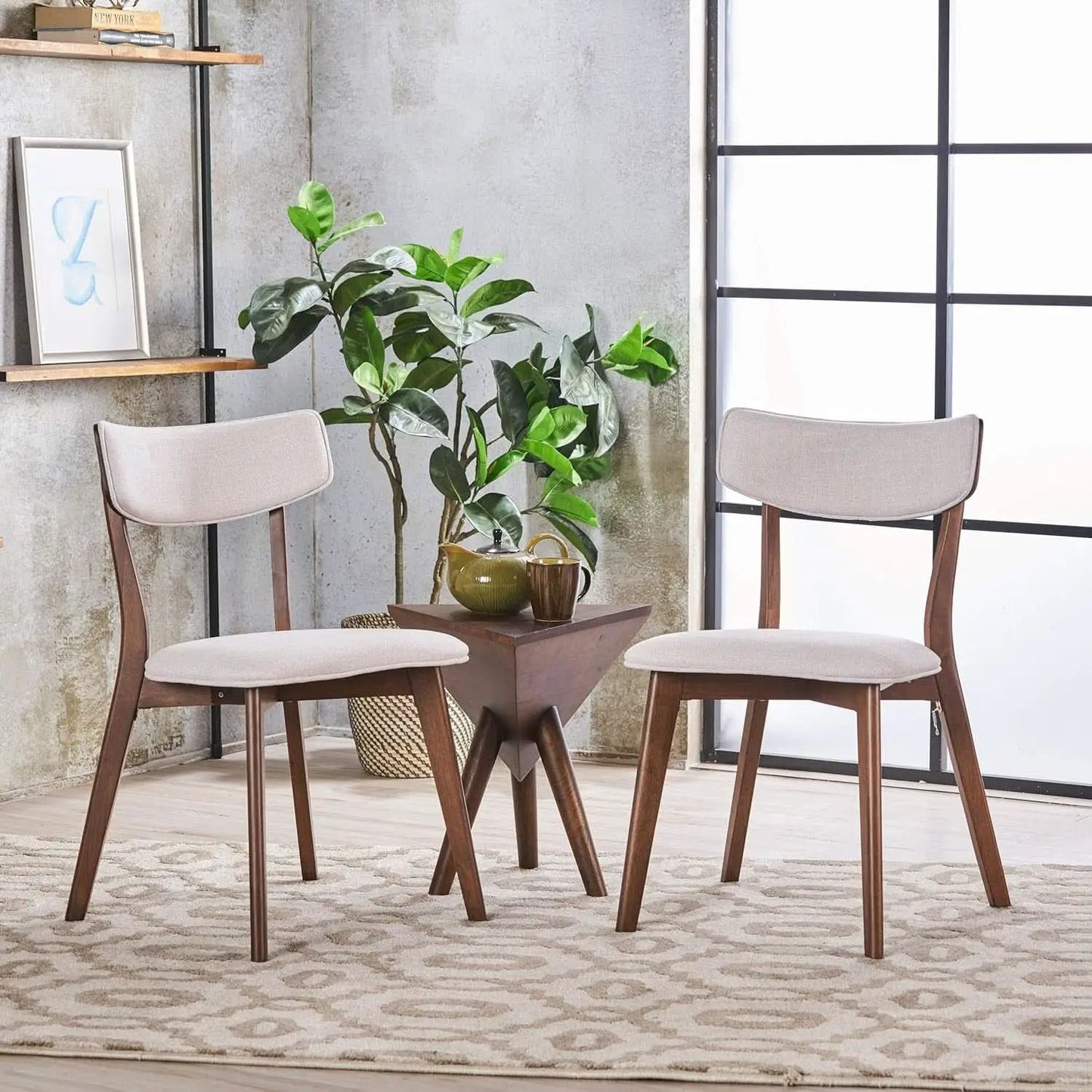 Mid Century Walnut Frame Dining Chairs Light Beige Set 2 from PriceLows™