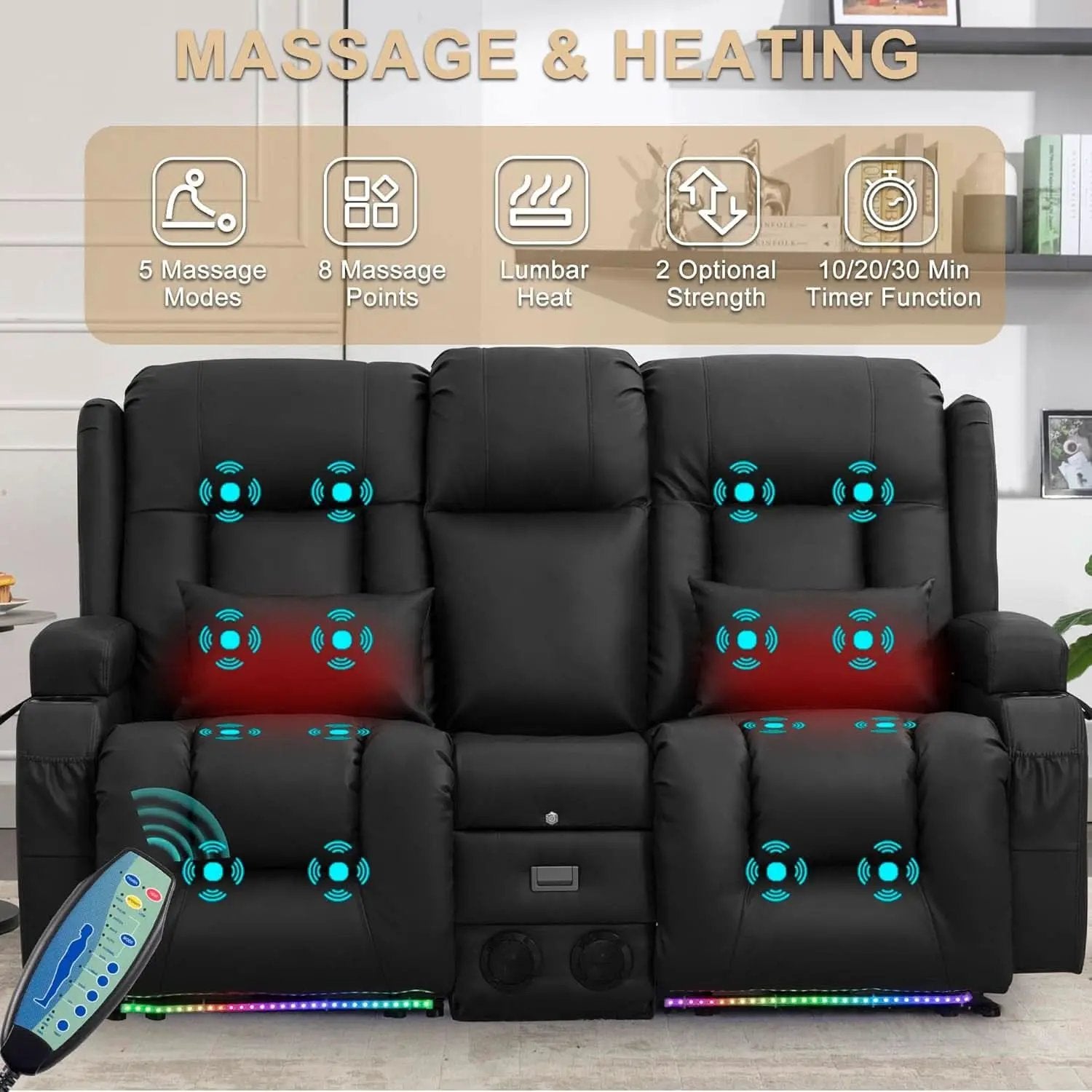 Power Reclining Loveseat With Massage And LED Lighting from PriceLows™
