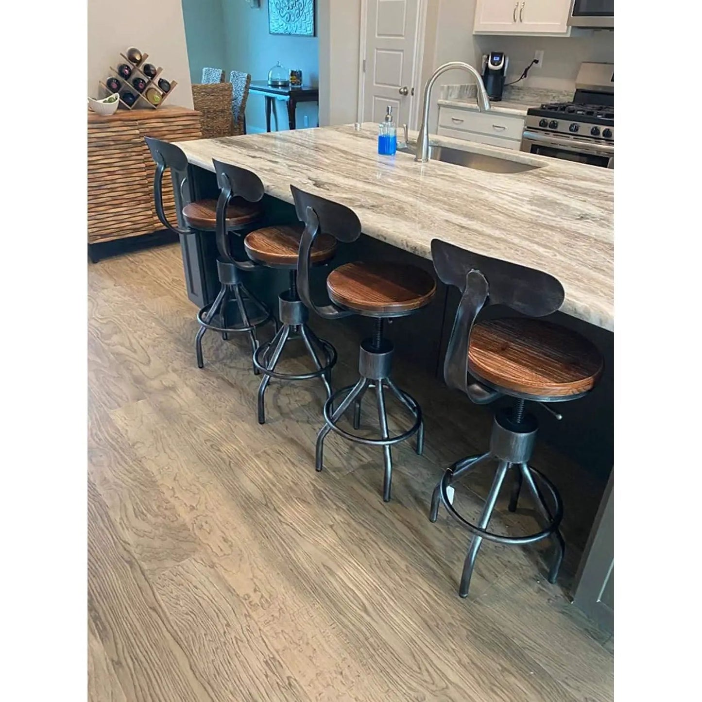 Adjustable Rustic Industrial Bar Stool Brown Seat Set of 2 from PriceLows™