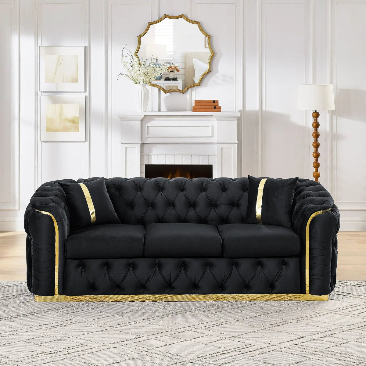 Button Tufted Chesterfield Sofa | 3 Seater | 2 Decorative Pillows | 90.6 Inch Length