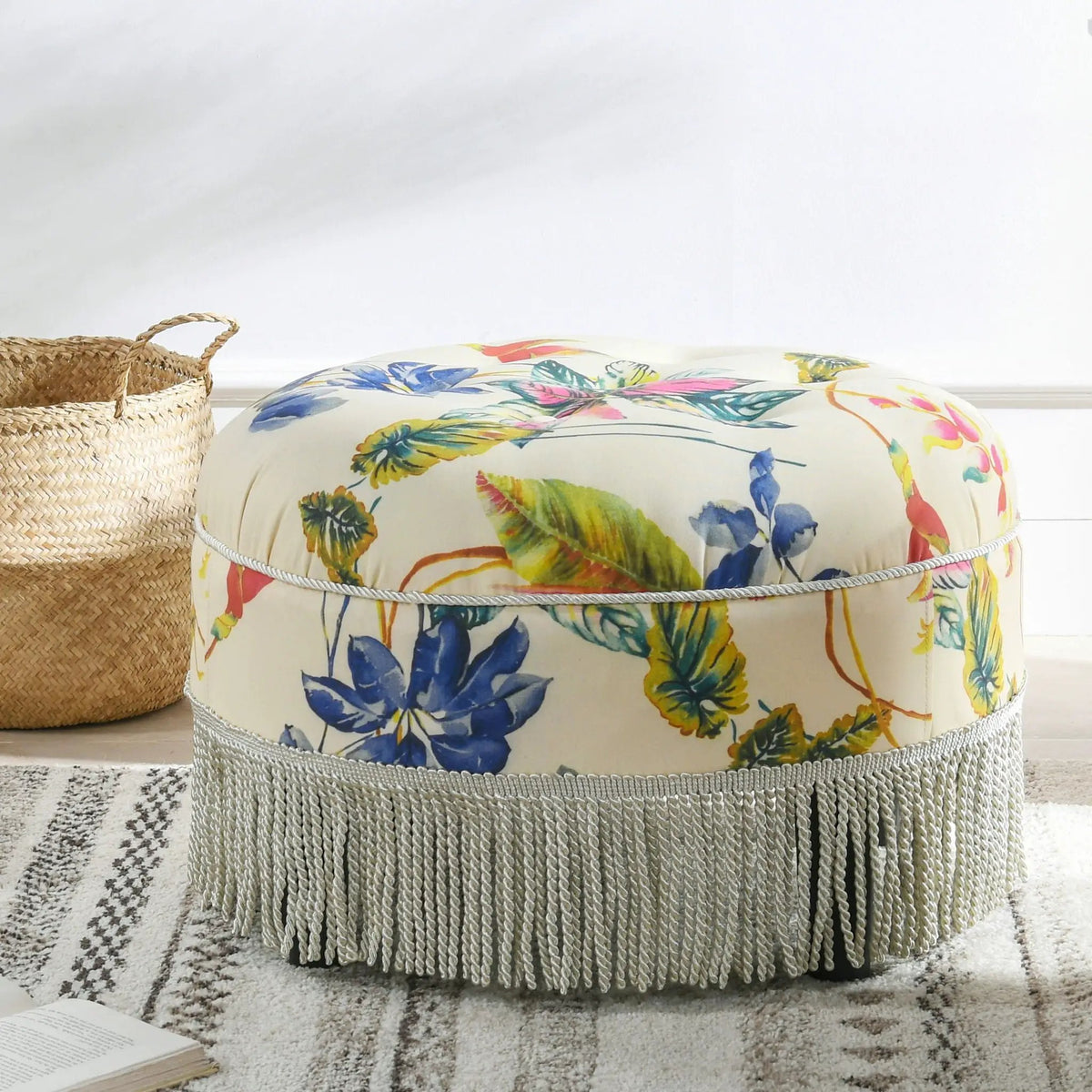 Yolanda Round Accent Ottoman | Handcrafted Quality | Kiln-Dried Hardwood Frame | 16 Inch Height