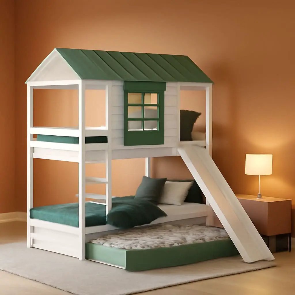 Bunk Bed Twin Over Twin With Slide And Trundle White Green from PriceLows™